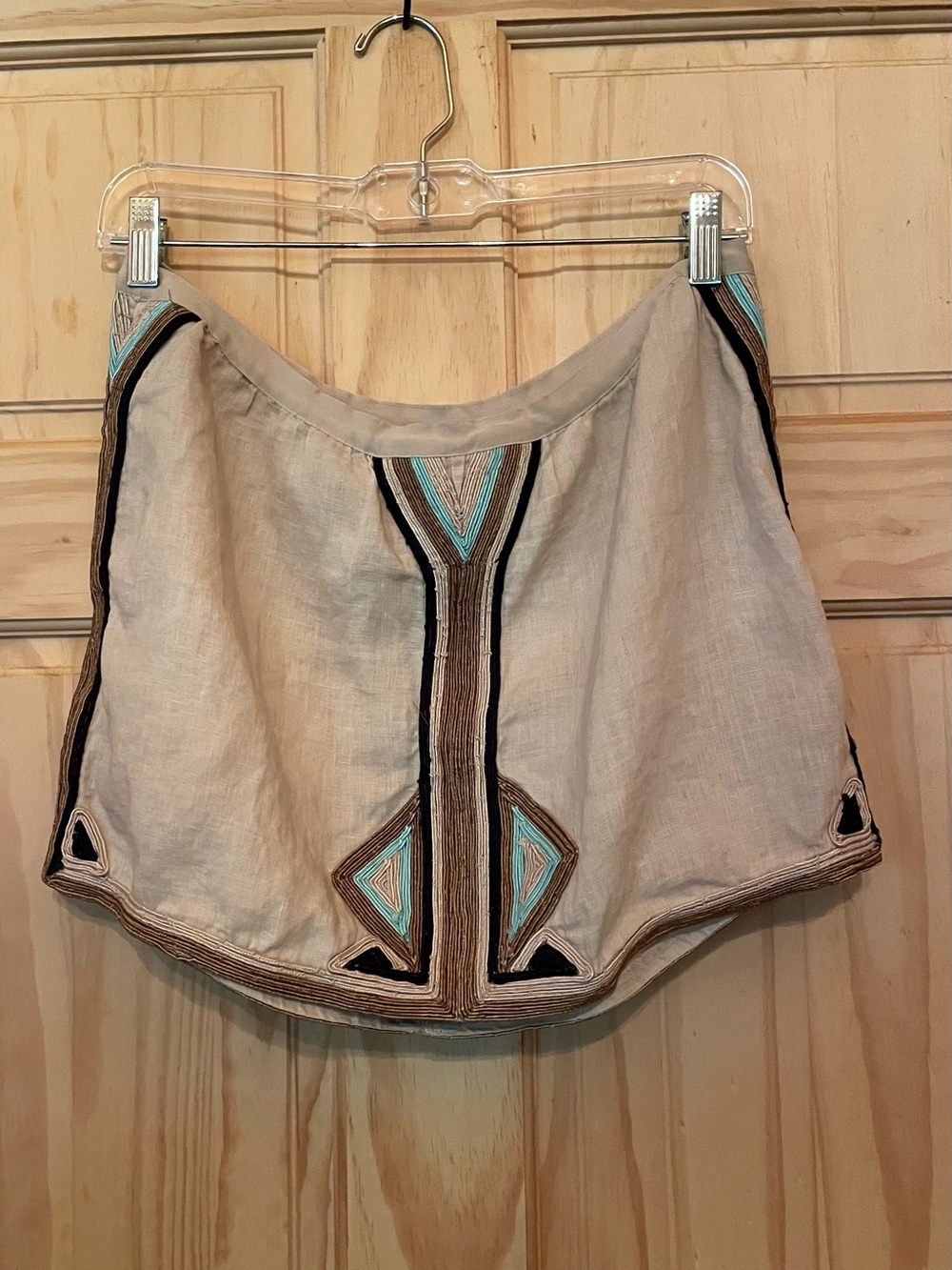 Embroidered Cream Linen Mini Skirt with Turquoise Accents